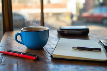 Cozy Coffee Moments: Warm Cup and Open Notebook in Relaxing Indoor Settings