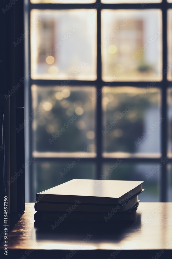 Poster a book is sitting on a table next to a window. the window is open, letting in the sunlight and creat