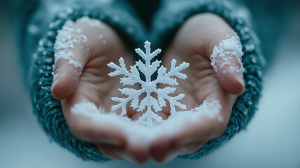 Hands Holding Snowflake in Winter Atmosphere