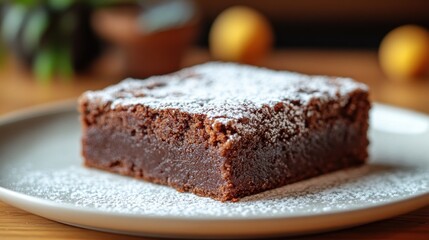 Delicious chocolate brownie dusted with powdered sugar, served on a plate.