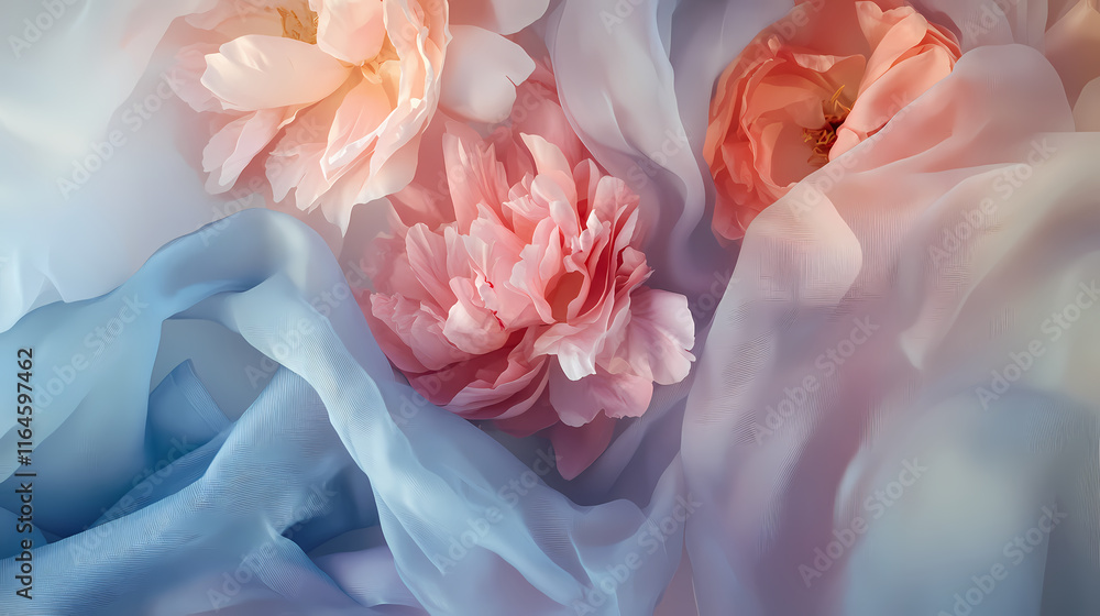 Poster soft pastel flowers nestled in delicate fabric create a serene and calming composition in a simple s