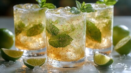 Fototapeta premium Three refreshing iced mint lime drinks in short glasses with ice and lime wedges.