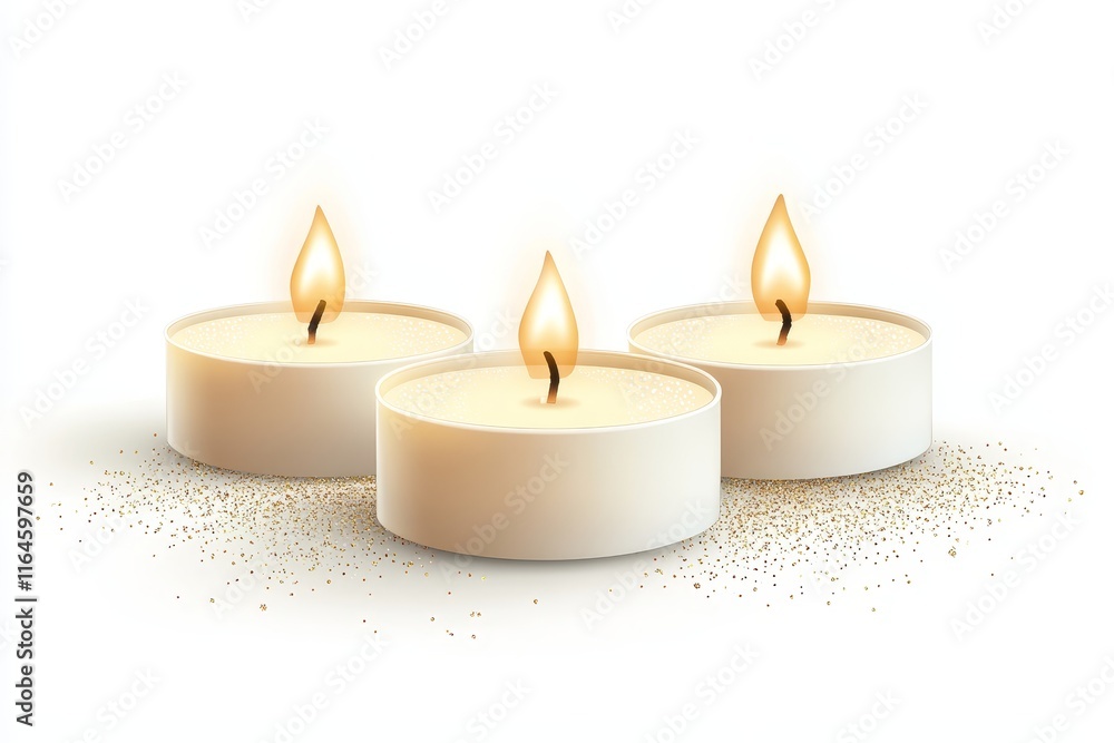 Poster three lit tealight candles on a white surface, creating a warm and calming ambiance with soft shadow