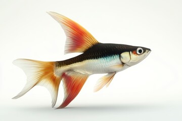 Fototapeta premium A striking tropical fish showcasing vivid colors and elegant fins, captured against a plain white backdrop.