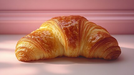 Golden brown croissant on pink surface.