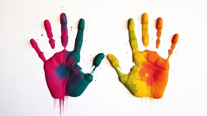 Colorful handprints with vibrant paint splashes, celebrating Holi festival, joyful and artistic mood, copy space