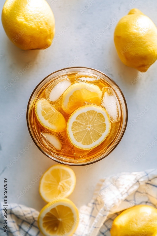 Poster a glass of lemonade with ice cubes and lemon slices. the image conveys a refreshing and summery mood