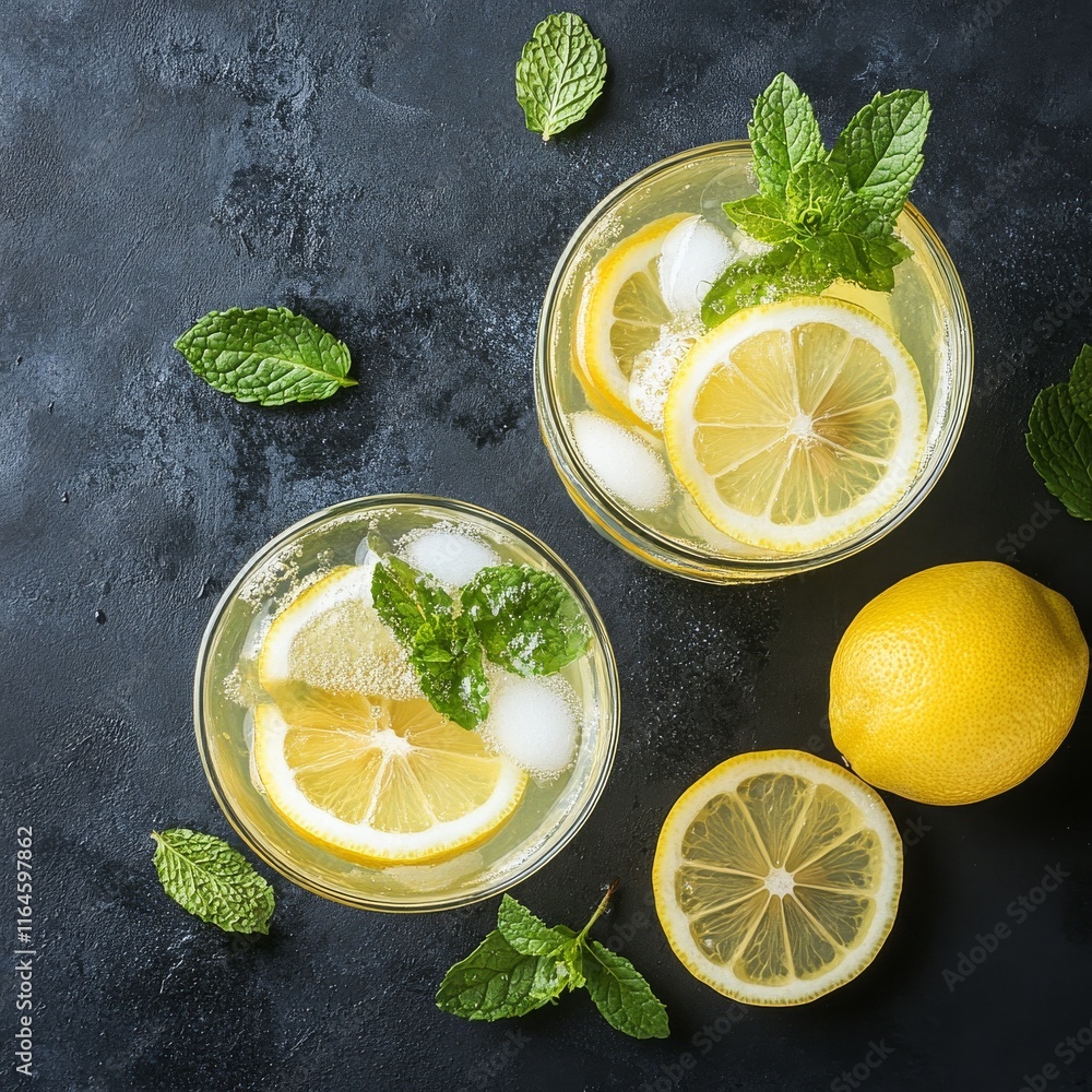 Poster two glasses of lemonade with ice cubes and a lemon slice on the side. there are also some mint leave
