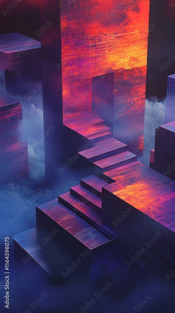 Poster a surreal scene of glowing geometric structures rising through mystical fog, showcasing futuristic a