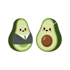 set of Cute Cartoon adorable Avocados male and female wearing fancy dress, isolated on a white background, different poses 