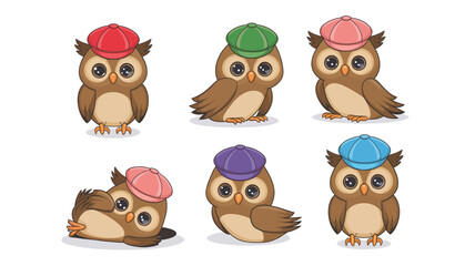 Obraz premium set of Cute Cartoon adorable owl wearing fancy caps isolated on a white background