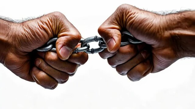 Two hands gripping a chain in a moment of struggle and determination symbolizing breaking free from limitations
