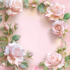 Floral arrangement featuring soft pink roses and green foliage on a pale background. Generative AI