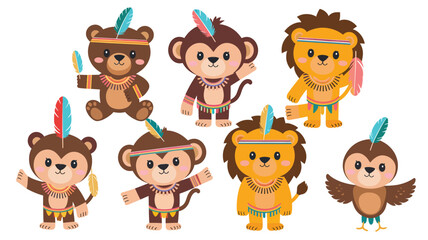 Fototapeta premium set of Cute Cartoon adorable tribal animals with feathers isolated on a white background, different poses, vector illustration 
