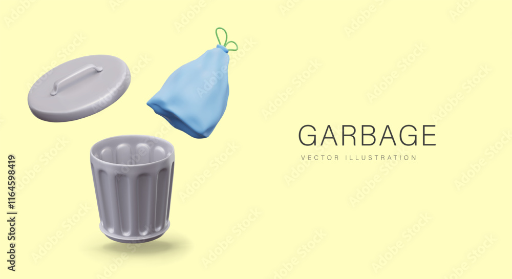 Poster 3d garbage bag, metal can with lid. set for public service advertising. devices and goods for carefu