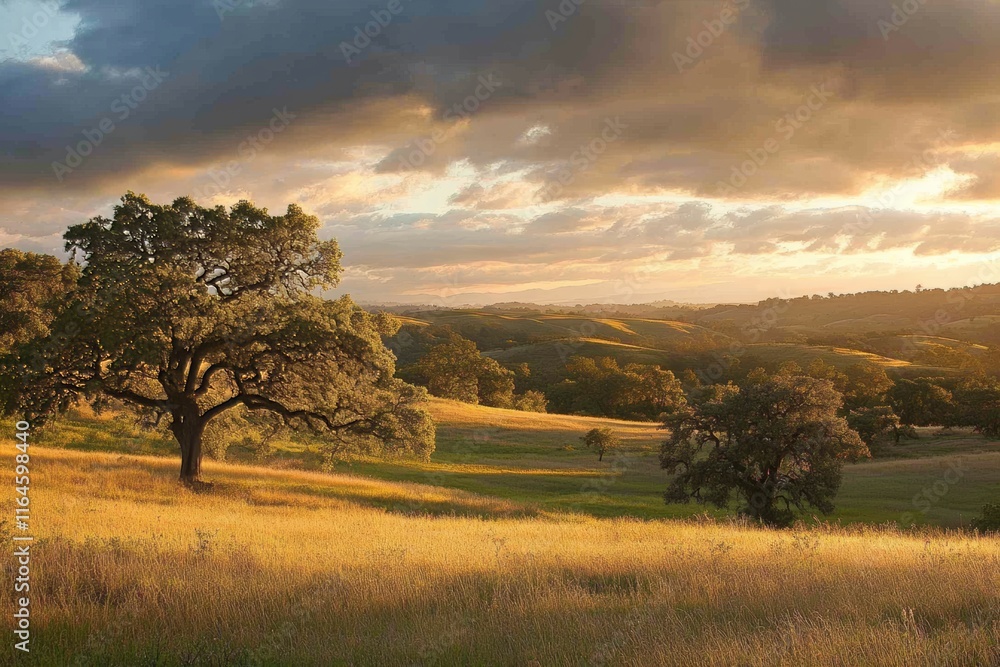 Wall mural A field with two trees and a cloudy sky. The sky is overcast and the trees are in the foreground