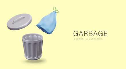 3D garbage bag, metal can with lid. Set for public service advertising. Devices and goods for careful storage of garbage. Horizontal concept with place for text, button