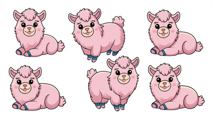 A set of hand-drawn cute cartoon adorable pink lamas in different poses, isolated on a white background, vector illustration 