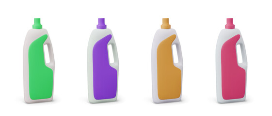 Set of plastic bottles with labels of different colors. Container for chemicals, detergents. Packaging with handle. Vector mockups on white background