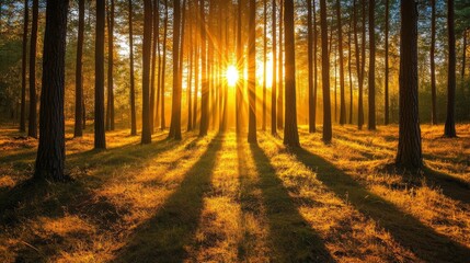 Obraz premium Captivating sunrise in a pine forest with sunlight casting long shadows through the trees, creating a serene and magical atmosphere.