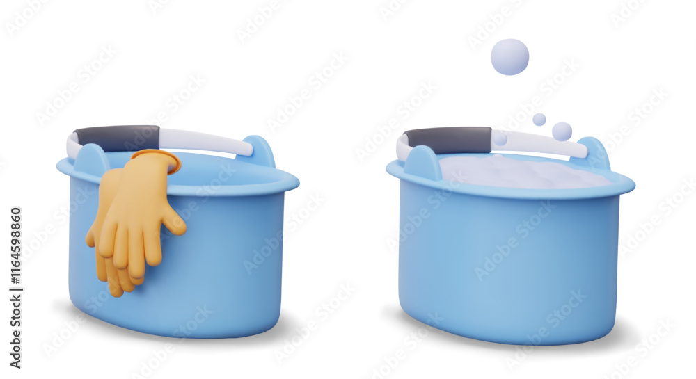 Aufkleber plastic bucket with rubber gloves and soap foam. set of realistic vector objects for dynamic cleanin