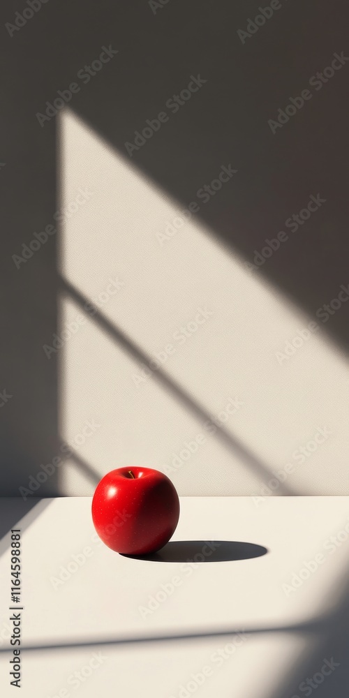Poster a red apple is sitting on a table in front of a window. the light from the window is shining on the 