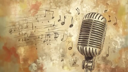 Fototapeta premium Hand-drawn vintage microphone with music notes on a blurred background.