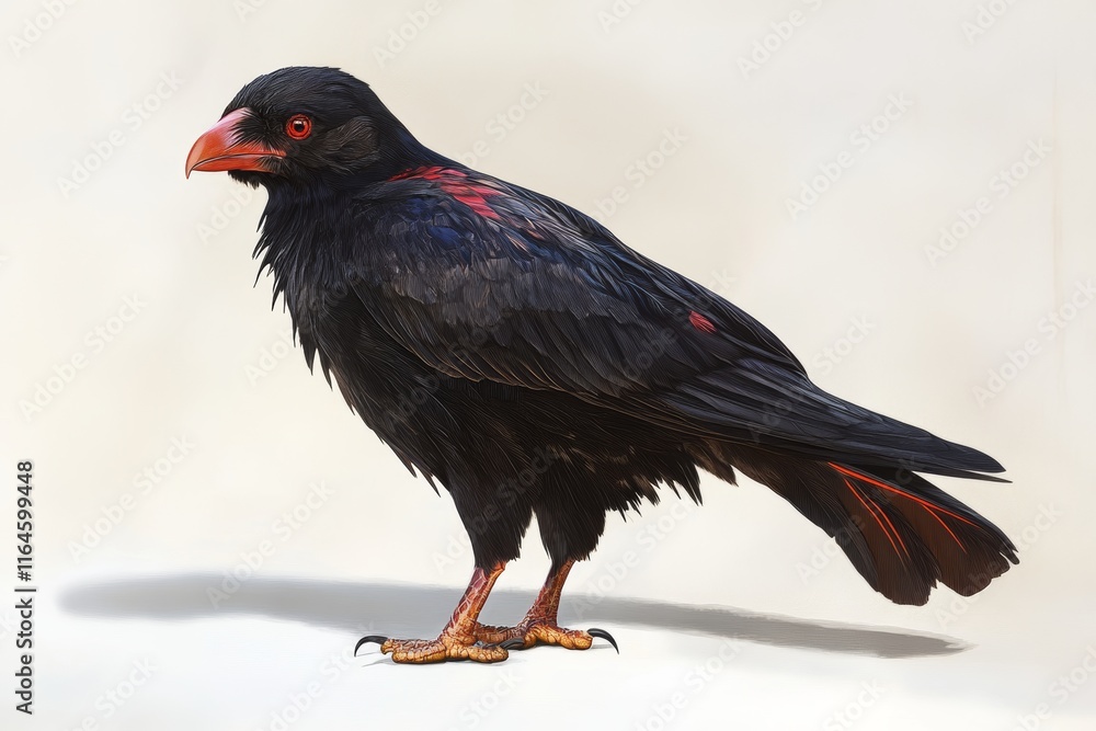Poster a black bird with red feathers is standing on a white background. the bird has a red beak and is loo
