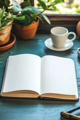 A book is open on a table with a cup and a plant. The book is white and the table is blue