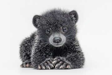 Naklejka premium A baby bear is laying on its back with its paws on its stomach. It has a cute and innocent expression on its face