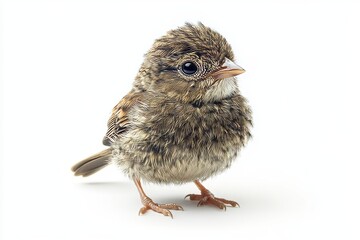 Fototapeta premium A small brown bird with a black beak and brown eyes. It is standing on a white background