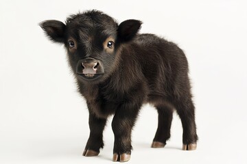 Fototapeta premium A small black calf is standing in front of a white background. The calf has a curious expression on its face