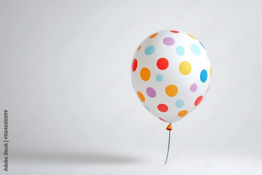 Poster a white balloon with colorful polka dots. the balloon is tied to a string. the balloon is in the cen