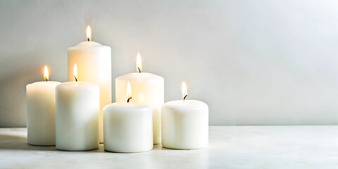 A serene arrangement of white pillar candles with gentle flames glows softly against a neutral, minimalist background. The composition offers generous copy space for text, designs, or branding.