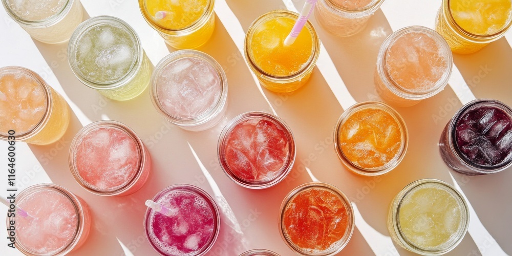 Aufkleber a row of colorful drinks with straws in them. the drinks are in different colors and sizes