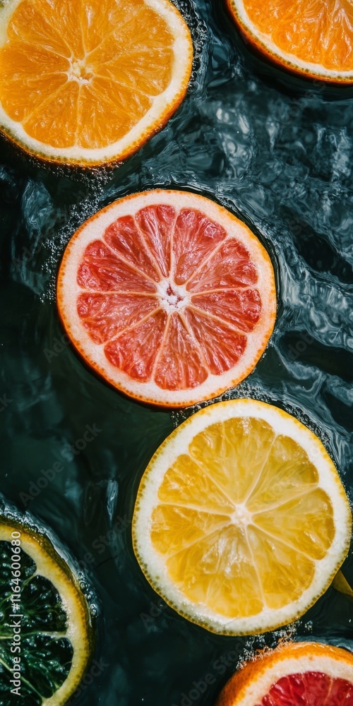Poster a close up of several oranges floating in water. the oranges are of different colors, including red,