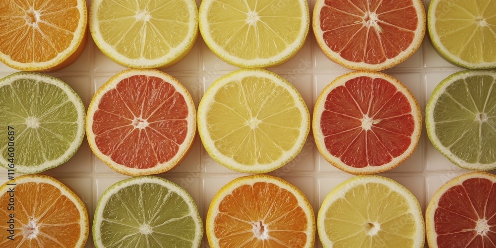 Poster a row of oranges and grapefruits are sliced and arranged in a pattern. the oranges are green, yellow