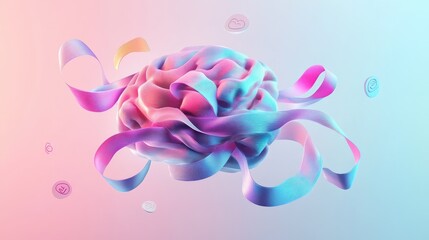 A stylized 3D representation of a brain with colorful ribbons, symbolizing creativity and thought.
