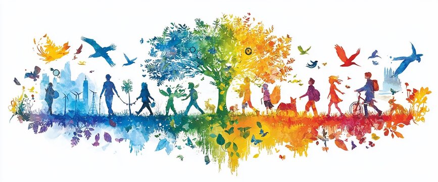 Colorful people walking under a rainbow tree with birds and butterflies.