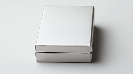 Thin cigarette box with a matte metallic silver finish and a closed pop-up lid, flat lay style
