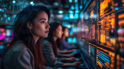 Focused woman analyzing data on a glowing screen in a high-tech environment with colleagues working in the background