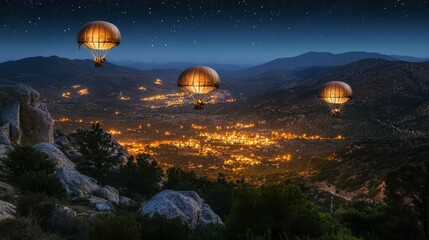 Obraz premium Night Sky with Hot Air Balloons Over a Scenic Valley