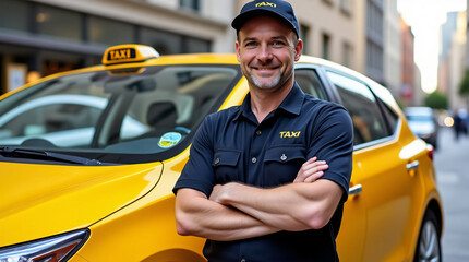 Smiling taxi driver with yellow taxi