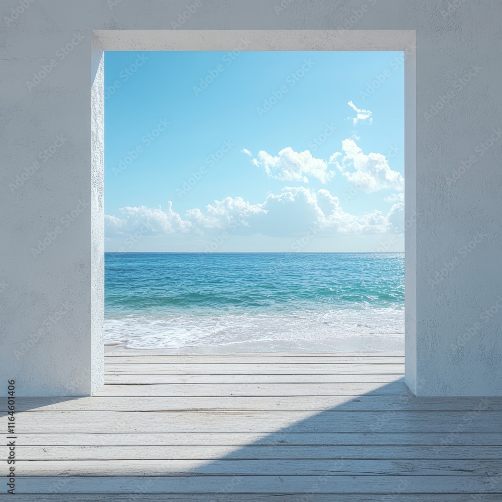 Poster a beautiful view of the ocean with a white building in the background. the building is a pier and th
