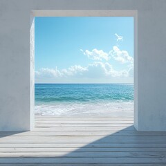 A beautiful view of the ocean with a white building in the background. The building is a pier and the ocean is calm. The sky is blue and there are clouds in the background