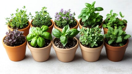 Assortment of potted herbs, including basil, thyme, mint, oregano in terracotta pots on a light grey surface.
