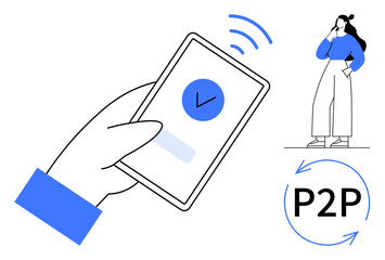 Hand holding a smartphone displaying a checkmark, a woman thinking, and a P2P circular exchange icon. Ideal for finance, technology, security, communication, mobile apps, peer-to-peer payments