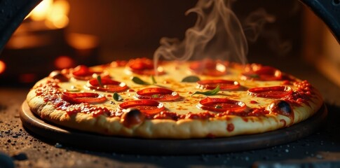 Aromatic steam rising from a freshly baked big pepperoni pizza in the oven , cheesy, pizza, aroma