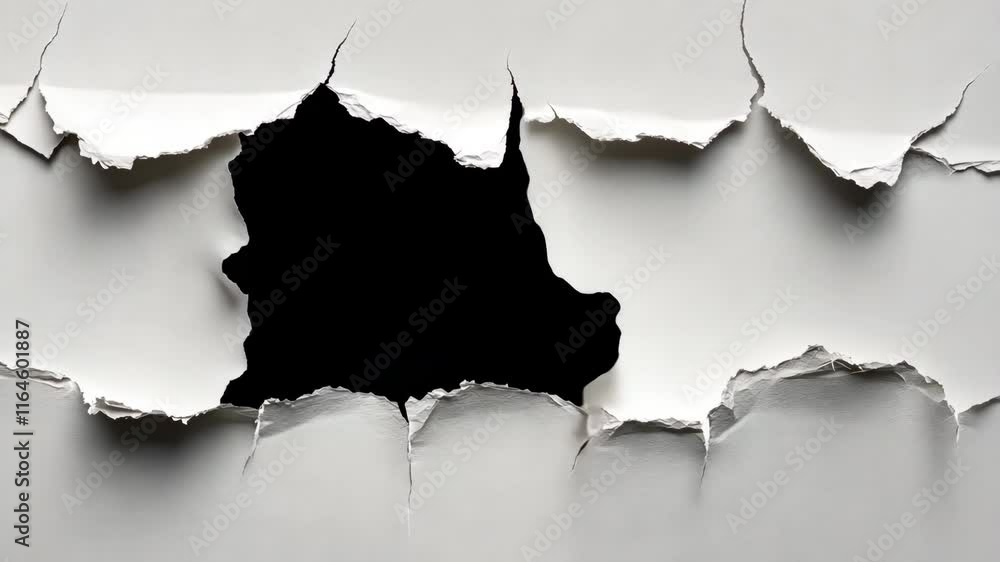 Aufkleber torn paper revealing a dark void with jagged edges showcasing texture and contrast in an indoor sett
