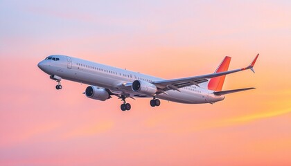 Obraz premium Modern passenger airplane flying in colorful sunset sky